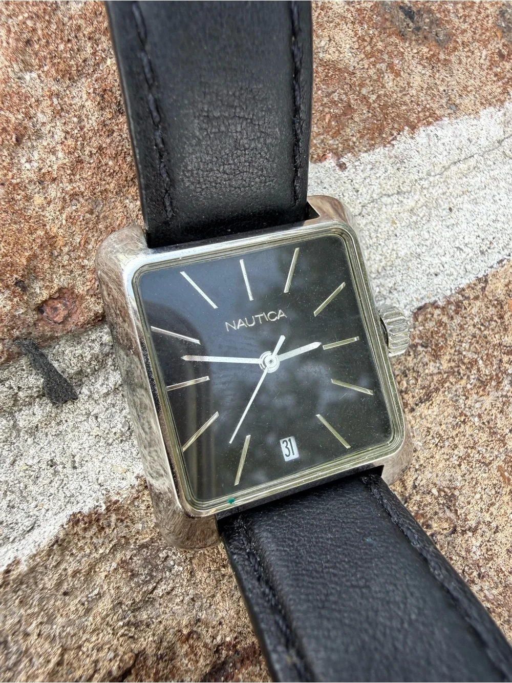Nautica Black Dial Square Stainless Watch with Black Leather Strap